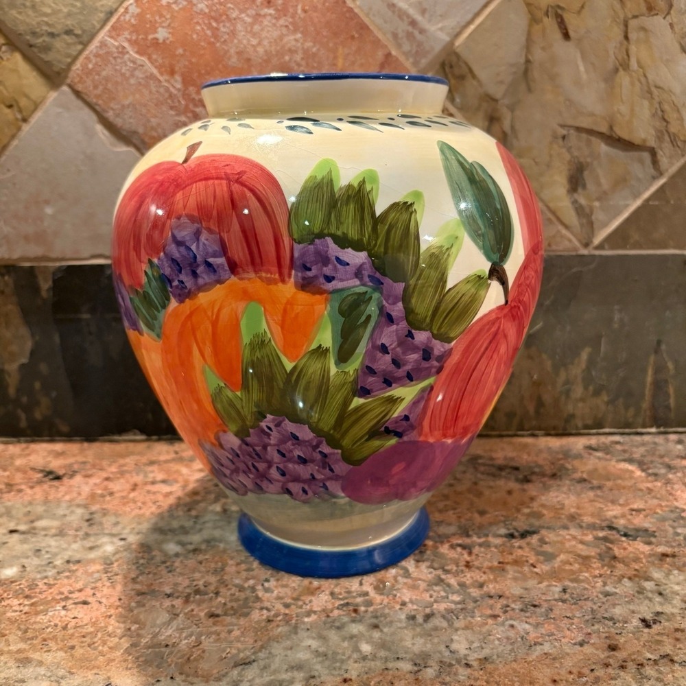 Hand Painted Fruit Floral Ceramic Vase Blue Trim Mediterranean Decor